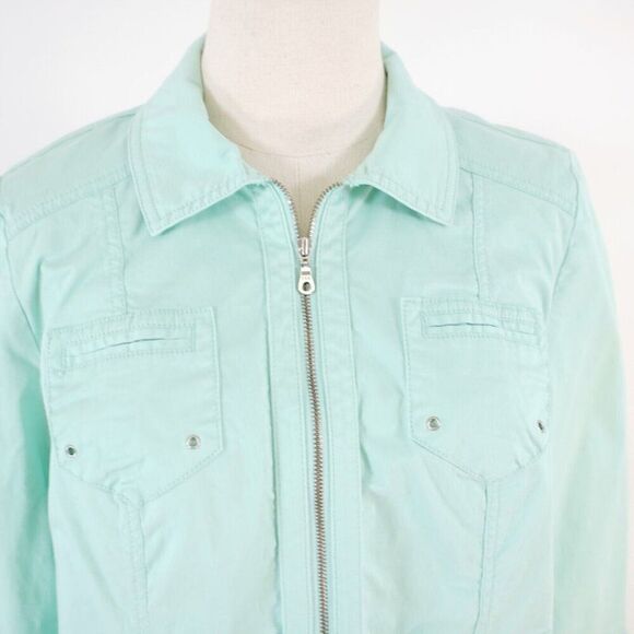 Chico's Size 1 Seafoam Green Full Zip Collared Jacket Waist Fitted Cotton Pocket - Picture 3 of 10